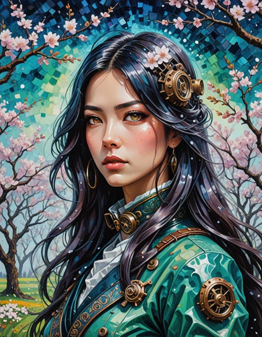 Anime Woman in Celadon Hues and Cherry Blossoms
