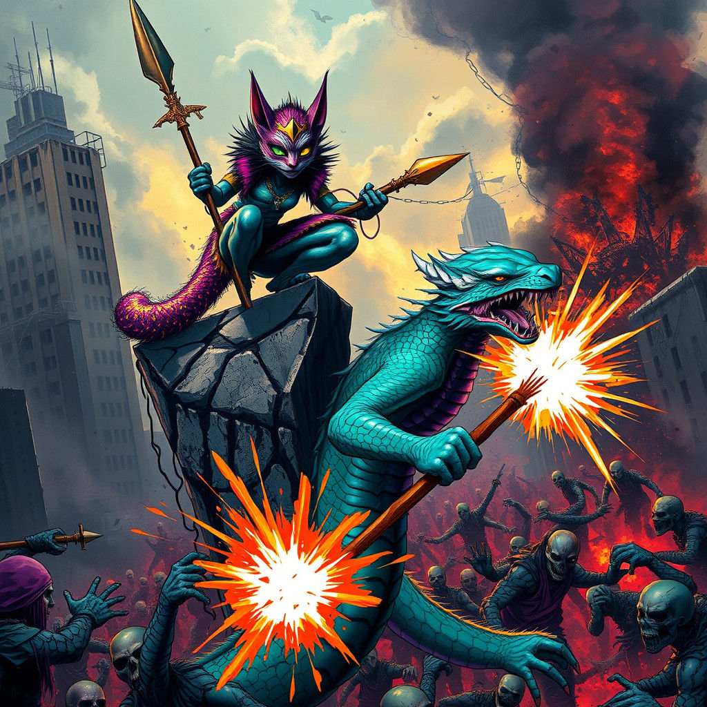 Feline Warrior and Serpent Hybrid Fight Undead Hordes