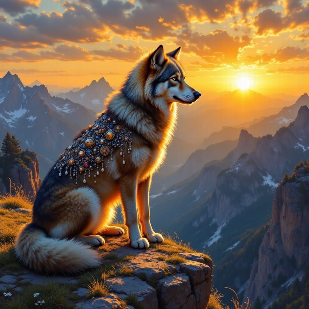 Bejeweled Wolf at Sunset, Oil Painting