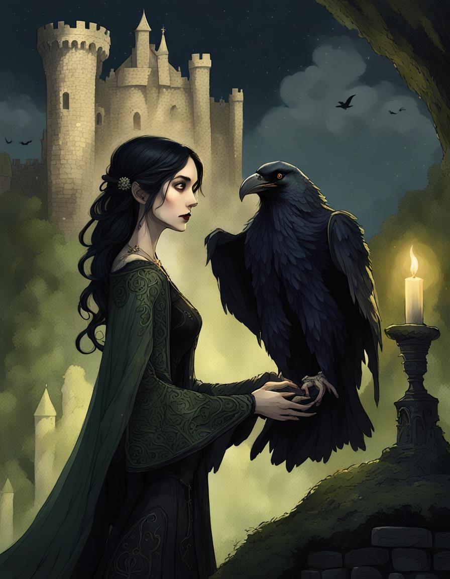 Gothic Woman with Raven: Dark Fantasy Concept Art