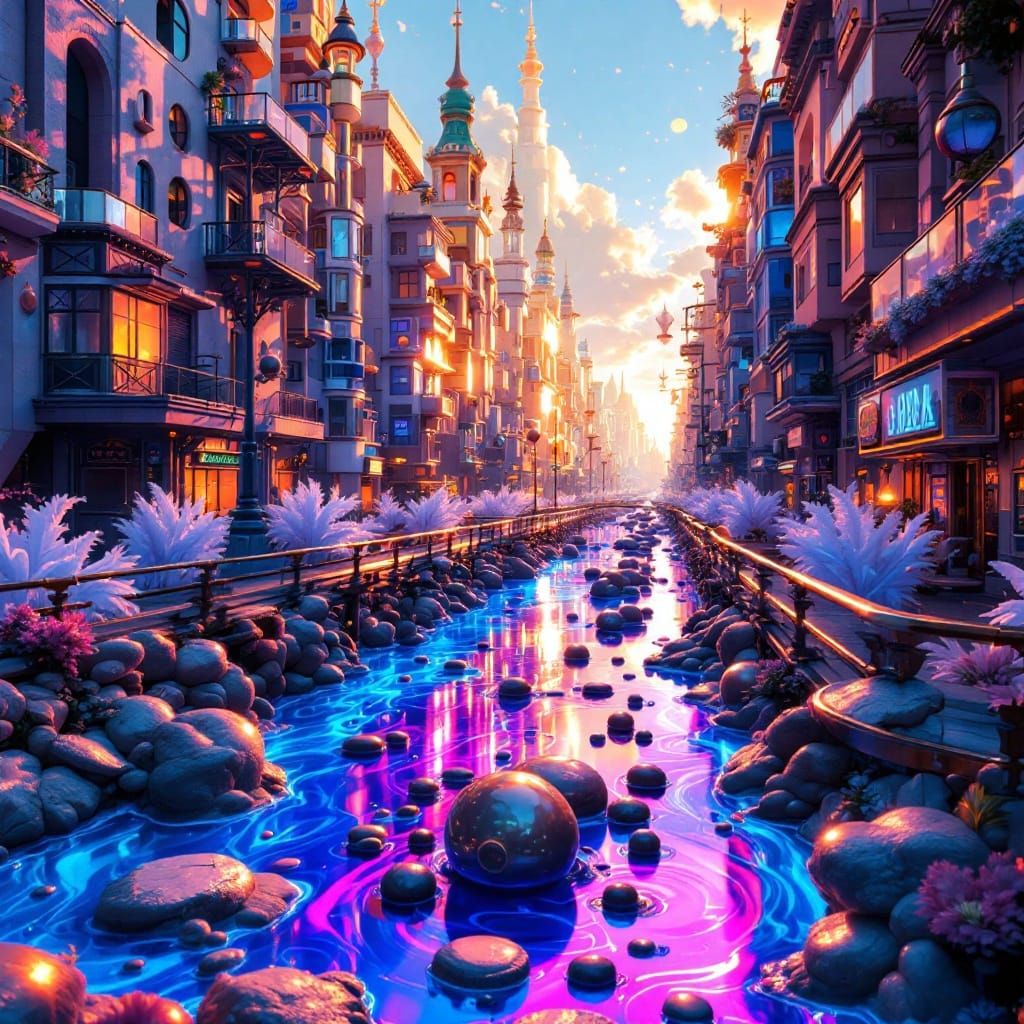 Surreal Cityscape in Vibrant, Iridescent Hues