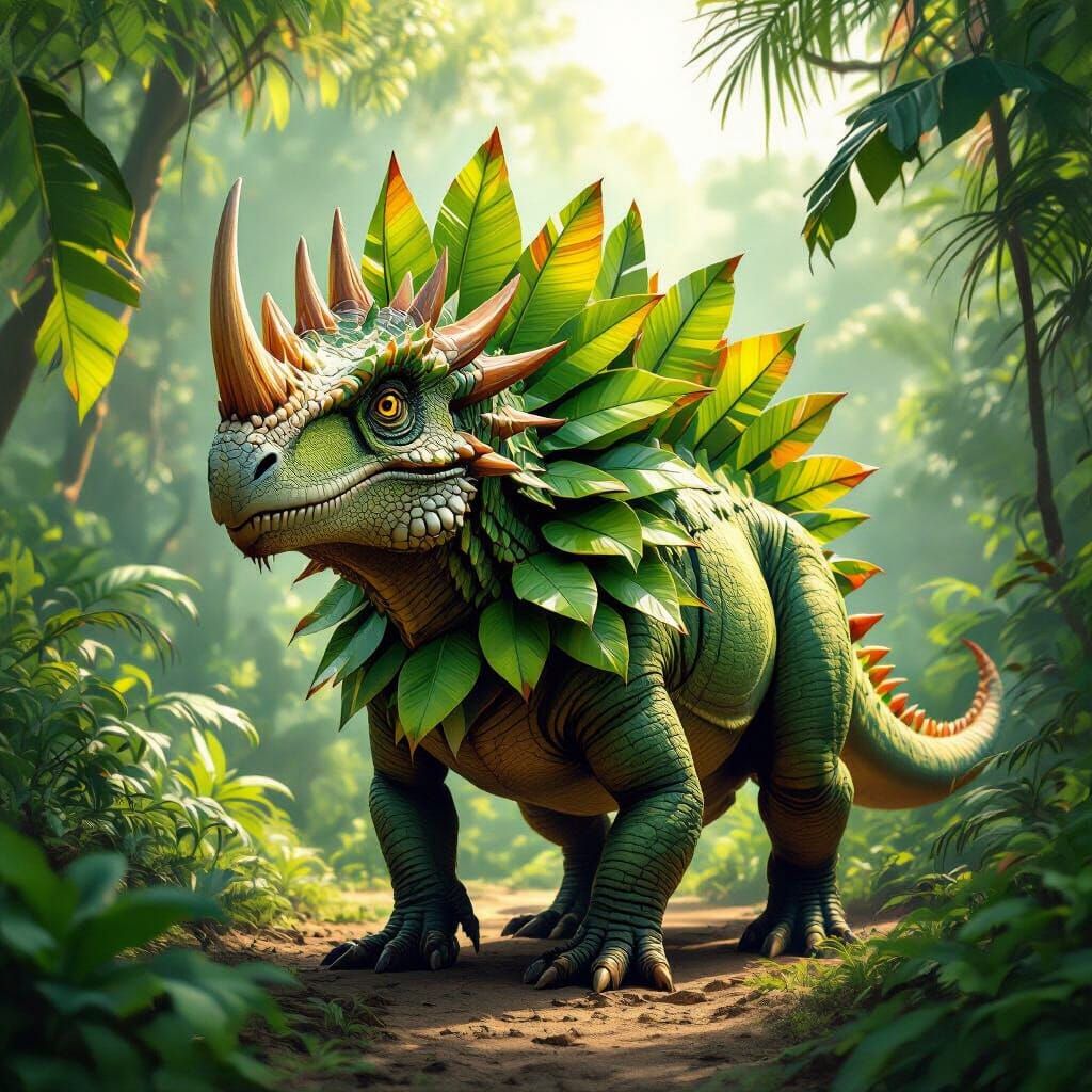 Ceratopsian Dinosaur with Banana Leaf Ruff in Jungle