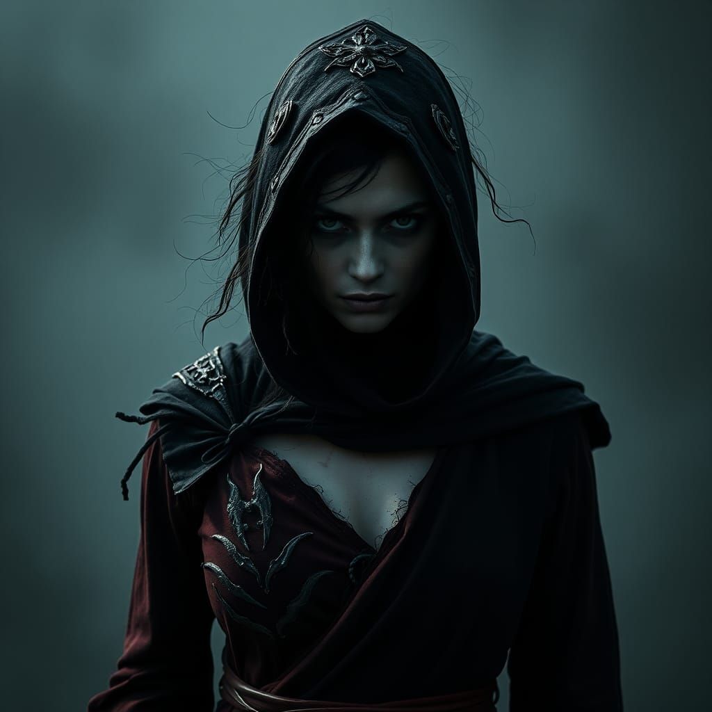 Dark Enchantress in a Nightmarish Biomechanical Landscape