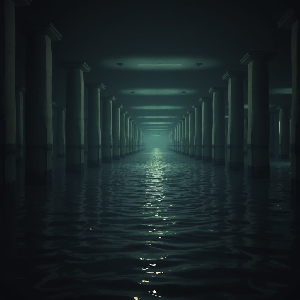 Endless Water Corridor with Flickering Lights