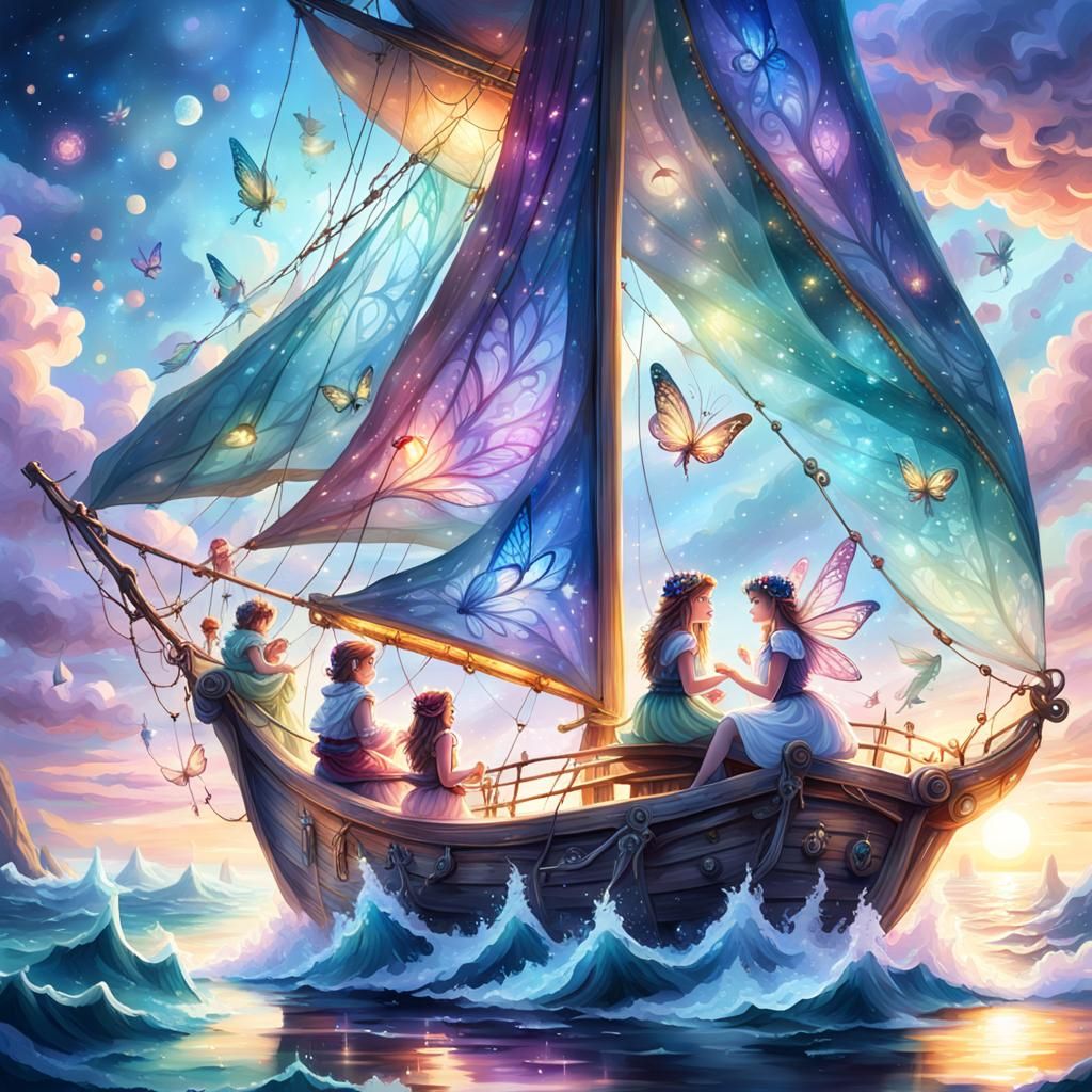 Fairies Sailing at Sunrise in Ethereal Fantasy Style