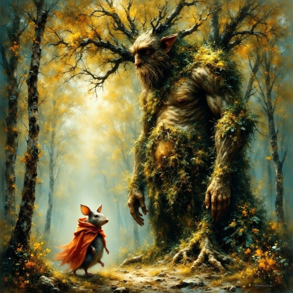 Treeman and Mouse in Whimsical Forest