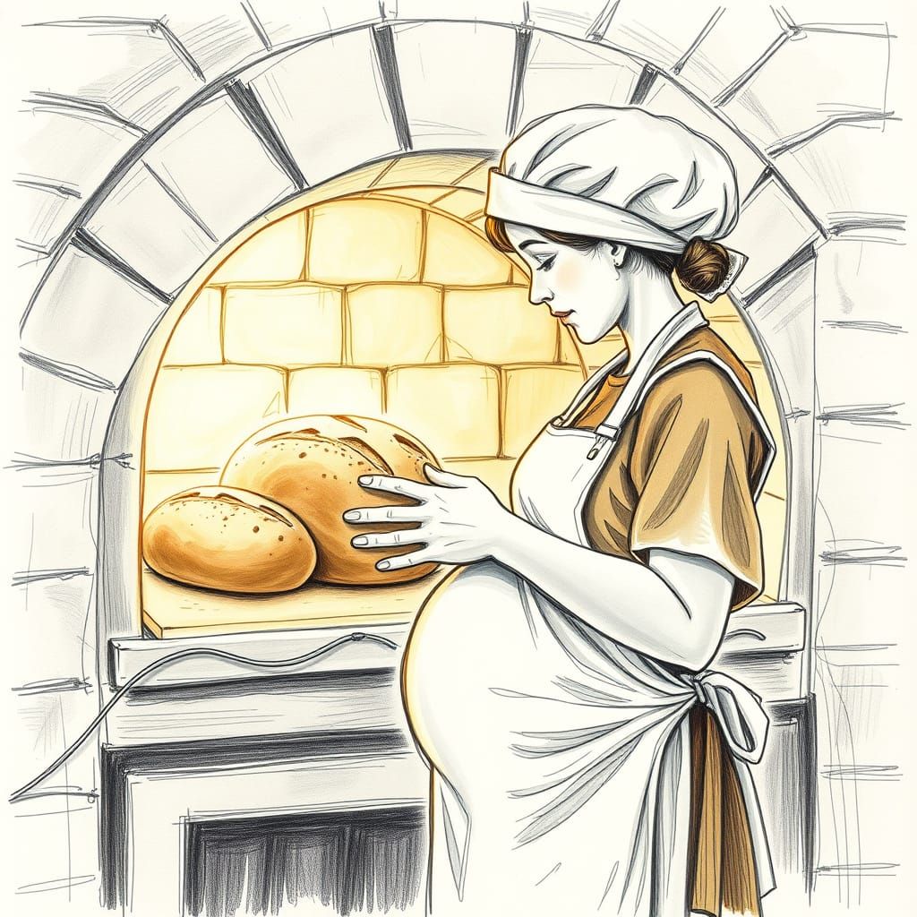 Pregnant Baker Places Bread in Oven in Whimsical Pencil Sket...