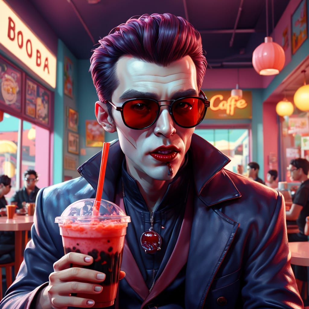 Vampire in Pastel Cafe, Hyperdetailed Boba Tea Concept Art