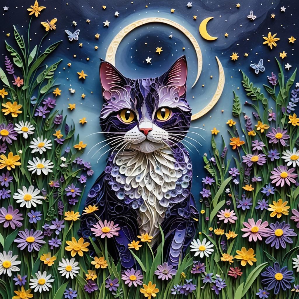 Photorealistic Collage of Purple Cat Under Full Moon and Sta...