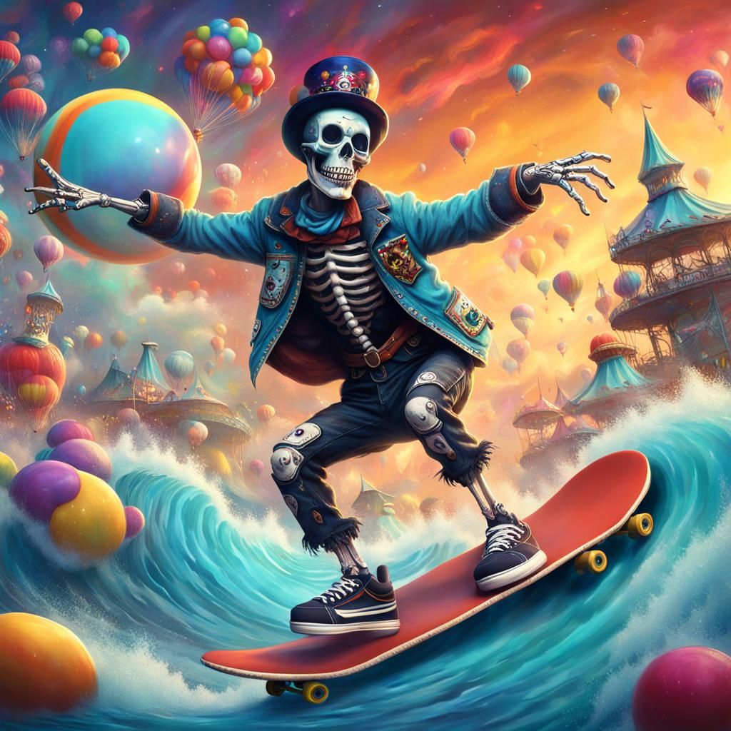 Surreal Punk Skeleton Surfing Wave, Digital Art