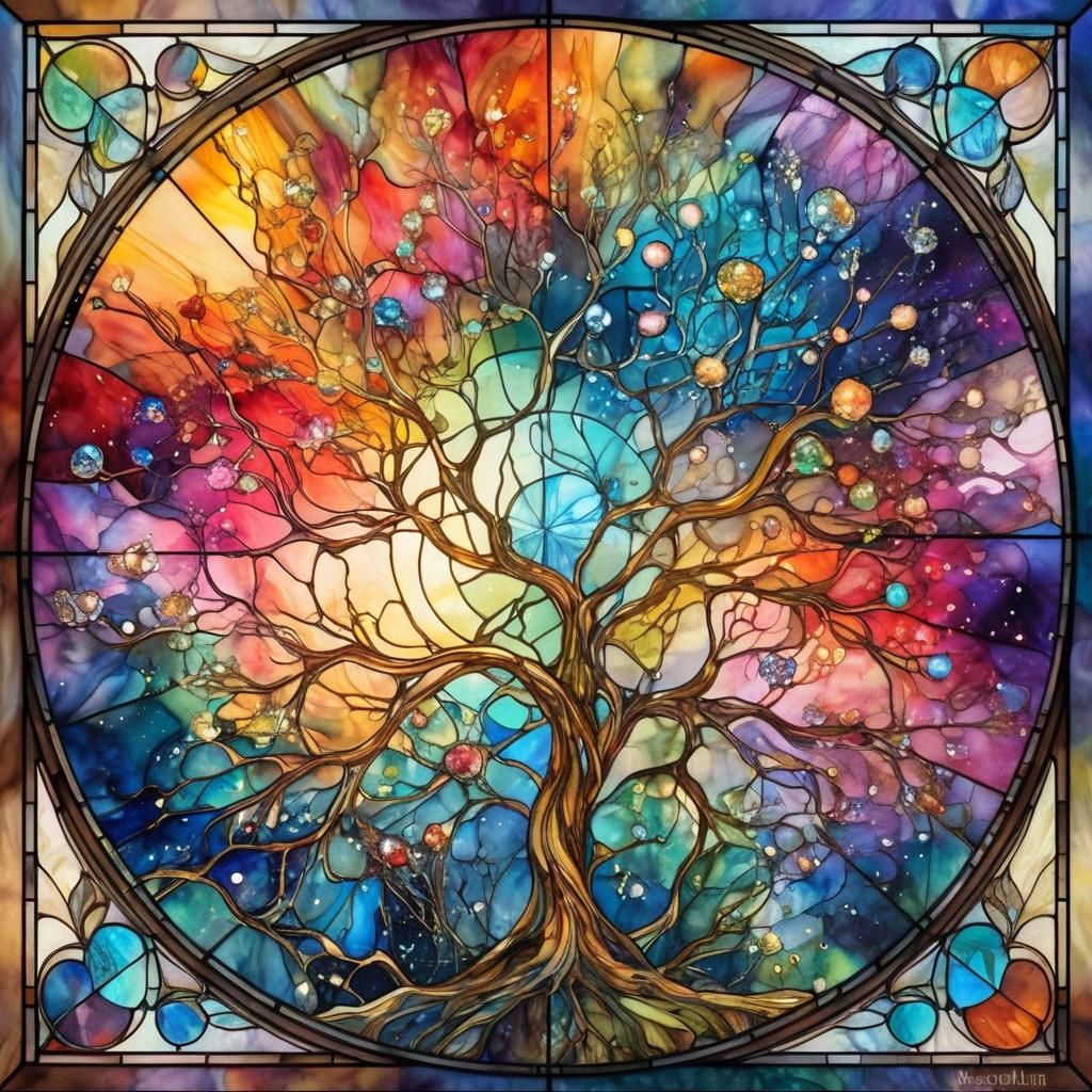 Cosmos in Stained Glass Style Art Nouveau