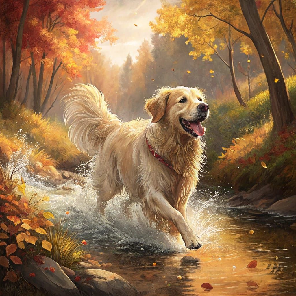 Golden Retriever Runs Through Autumn Creek