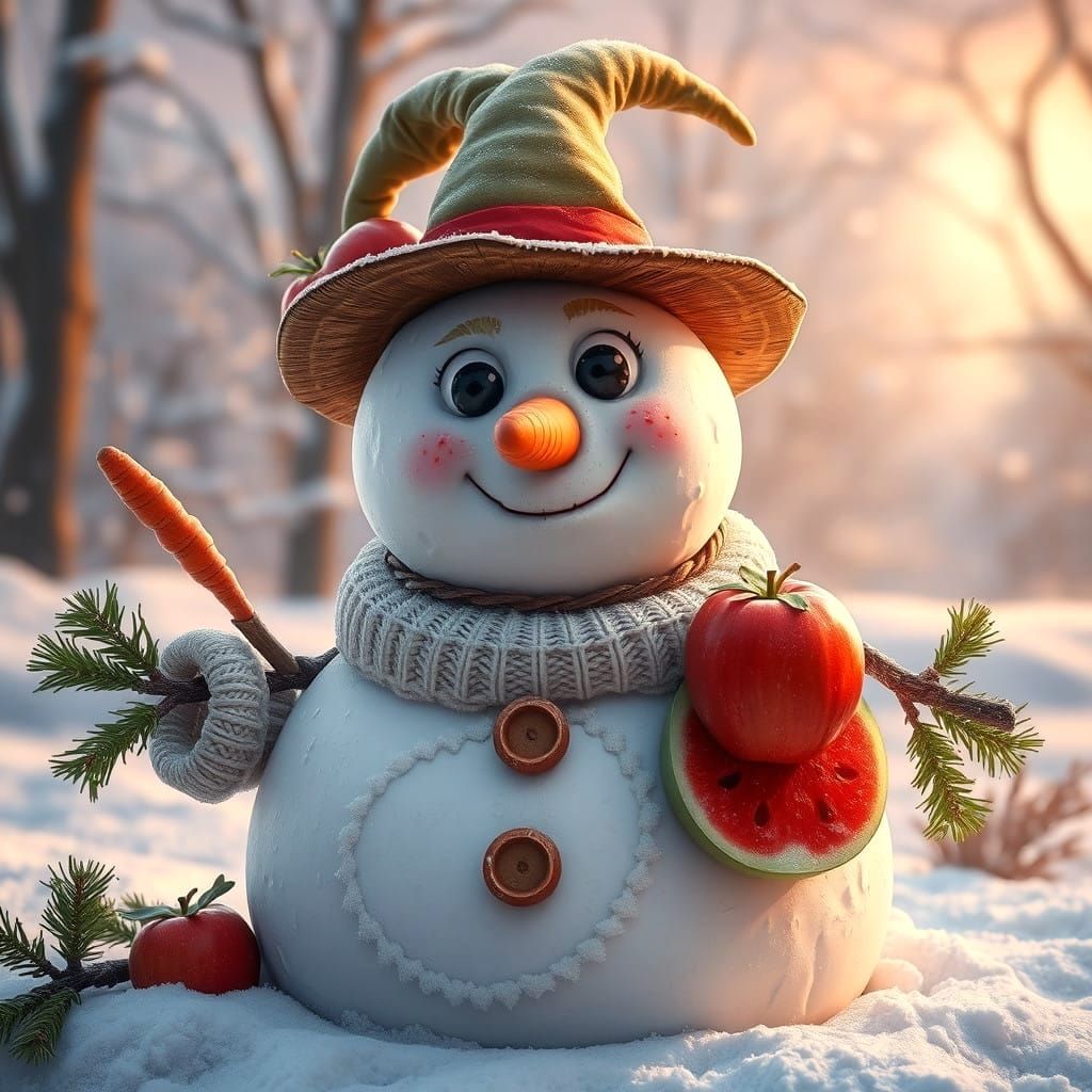 Vibrant Winter Snowman Statue in Whimsical Fantasy Style