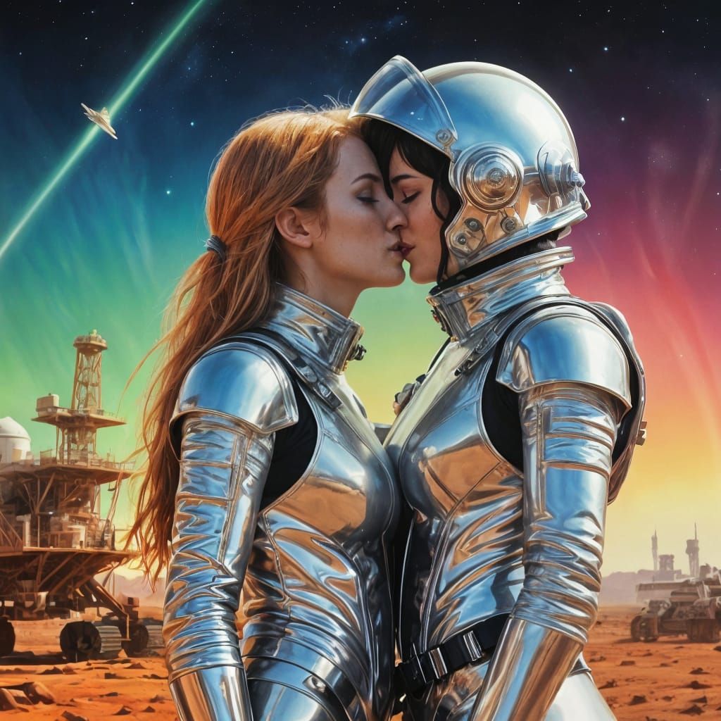 Astronaut Women Kissing Under Martian Aurora