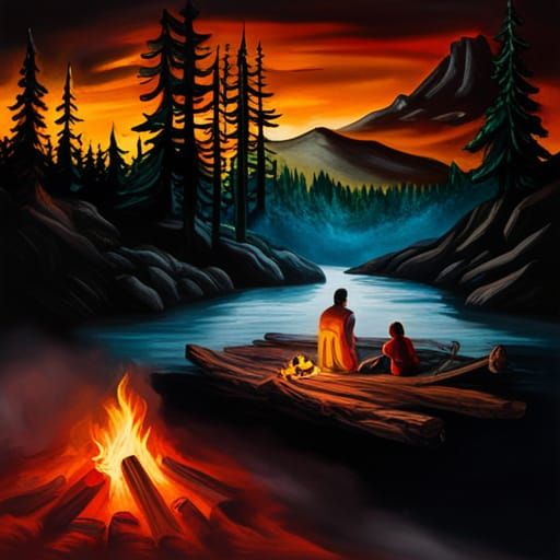 Ranger and Wolf Campfire on Floating Island