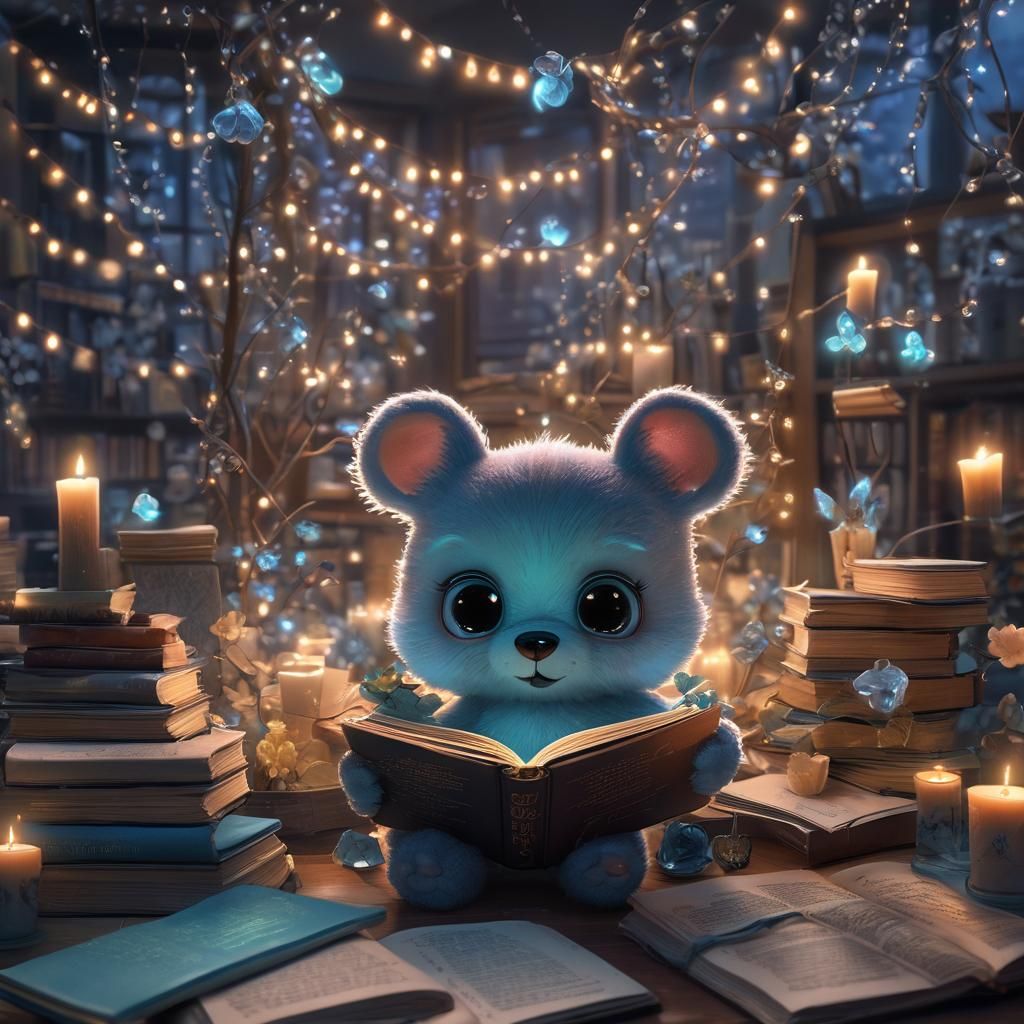 Chibi Teddy Bear Reading Book in Cozy Room