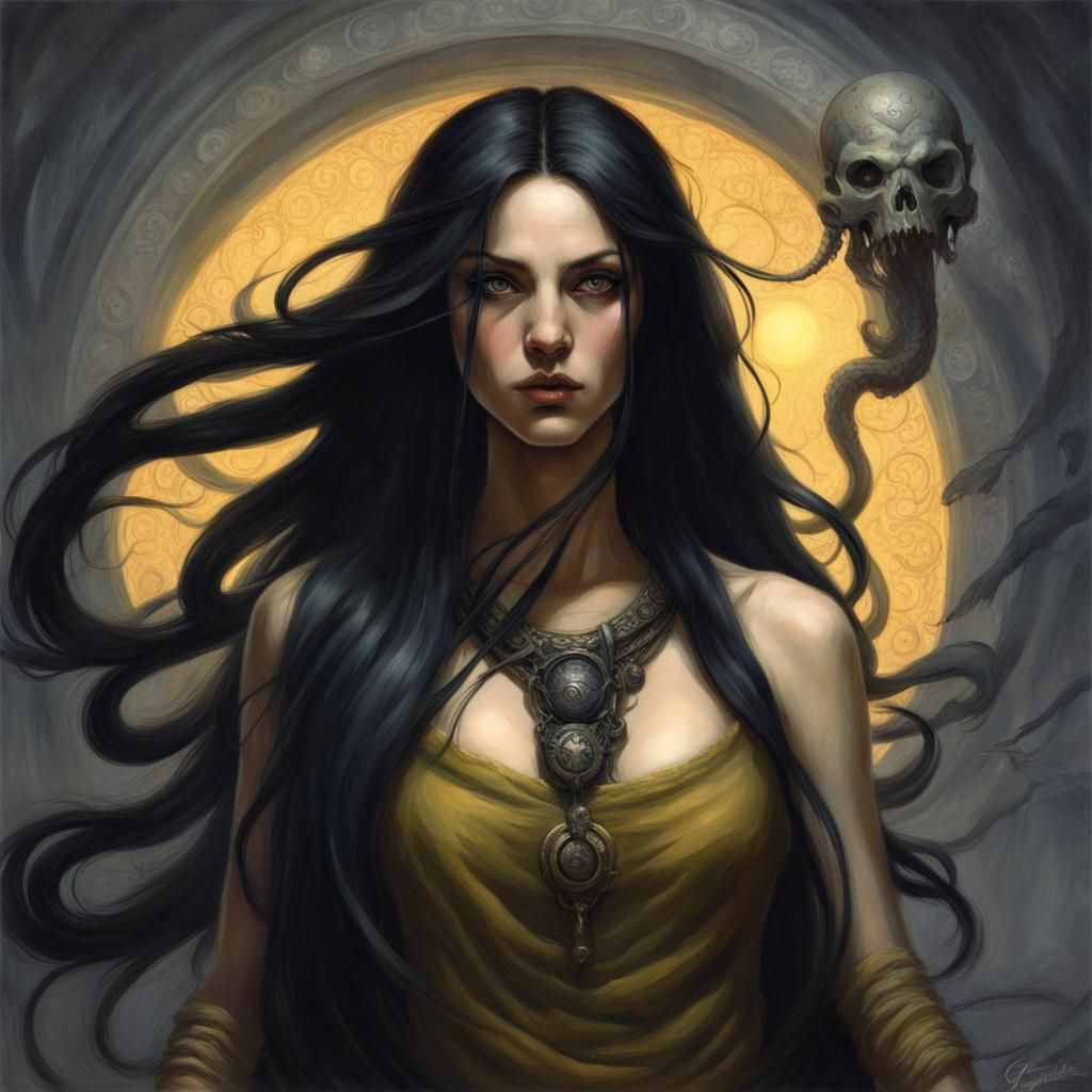 Strong Woman with Black Hair in Horror Style