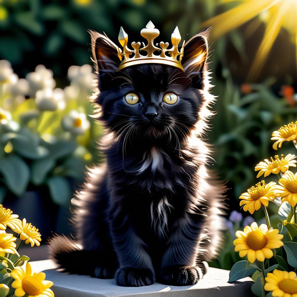 Cute Black Kitten with Golden Crown in Garden