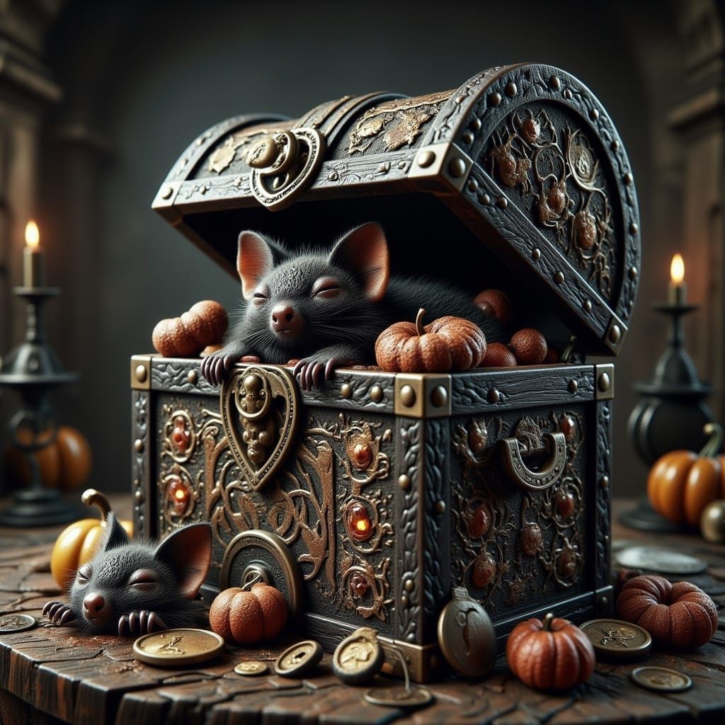 Mystical Bat Treasure Chest with Halloween Tokens
