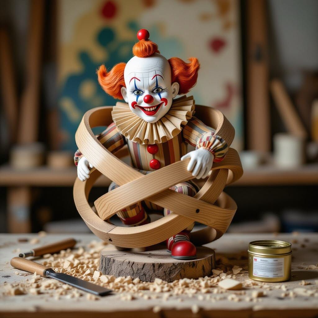 wooden sculpture of a clown entangled in swirling loops