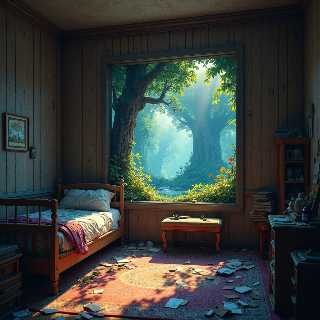 Mystical Forest Portal on Bedroom Wall in Matte Painting Sty...