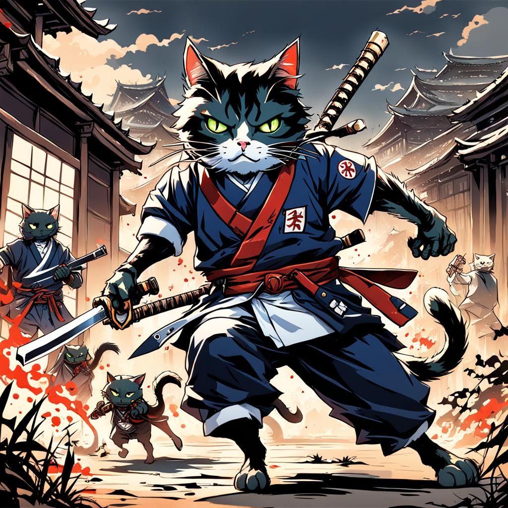 Zombie Samurai vs Ninja Cat Demons in Anime Style