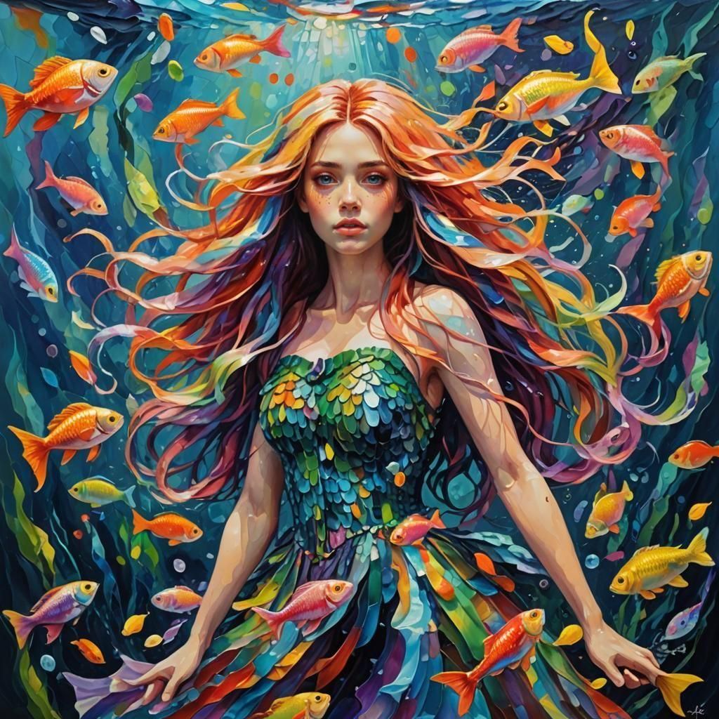 Underwater Girl with Parrot Fish: Impasto Acrylic Painting