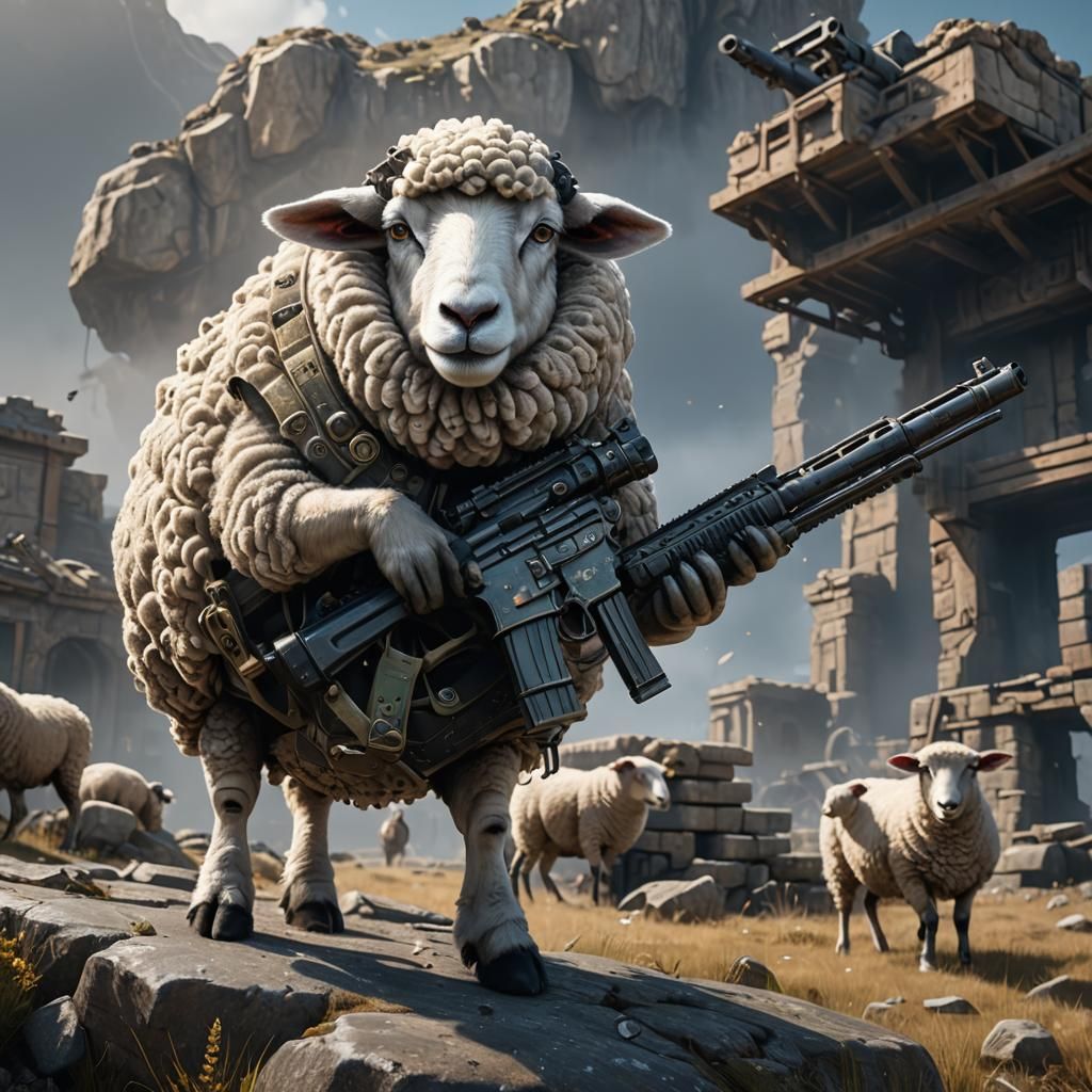 Armed Sheep in Detailed Matte Painting Style