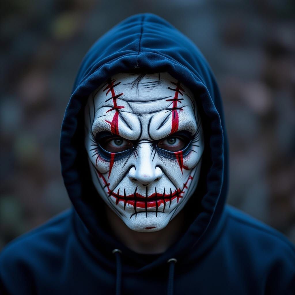 Grotesque Halloween Mask Photo with Sinister Eyes