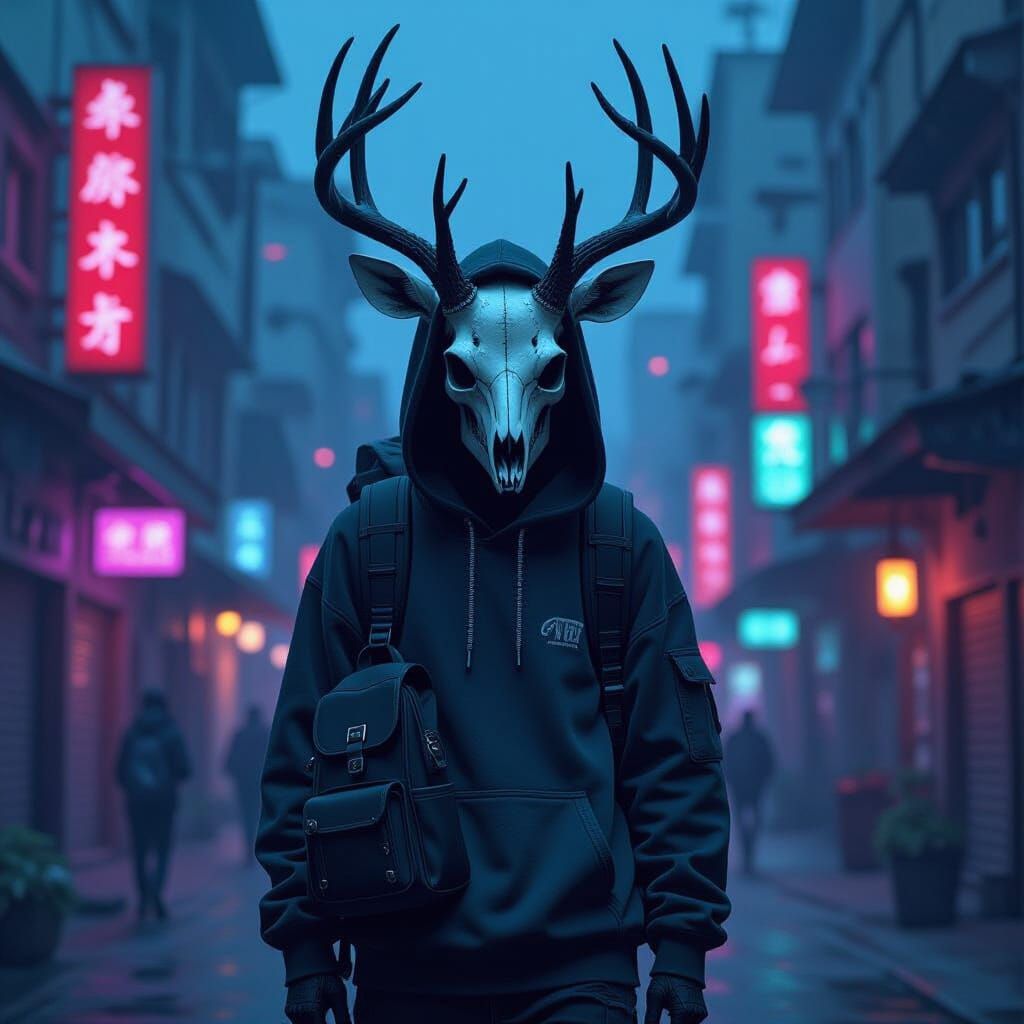 Skeletal Wendigo in Cyberpunk City, Anime Style