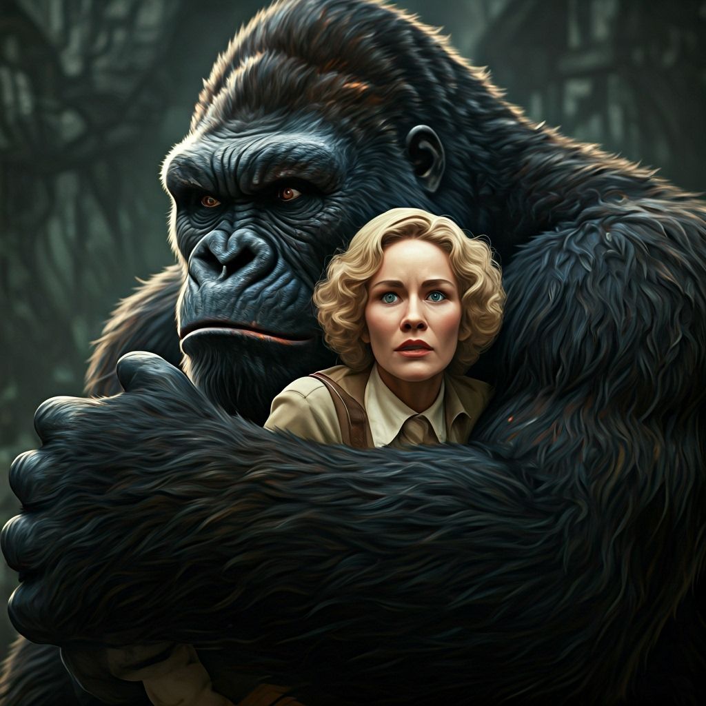 King Kong Holding Adventurer in Cinematic Style
