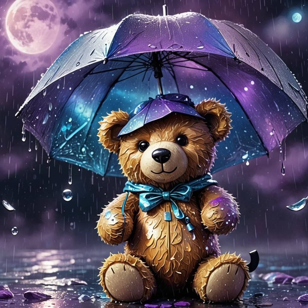 Teddy Bear in Rainy Cosmic, Holographic Astral Art