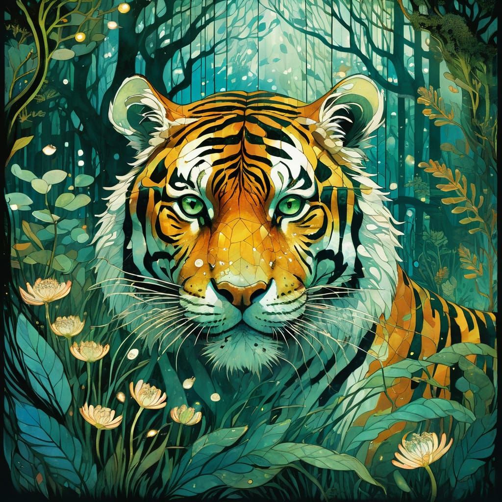 Botanical Tiger in Enchanted Irish Landscape