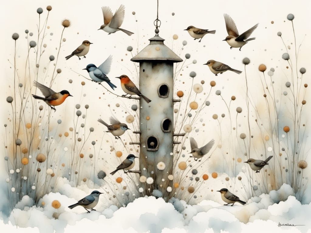 Winter Birds Seek Food At Snowy Feeder