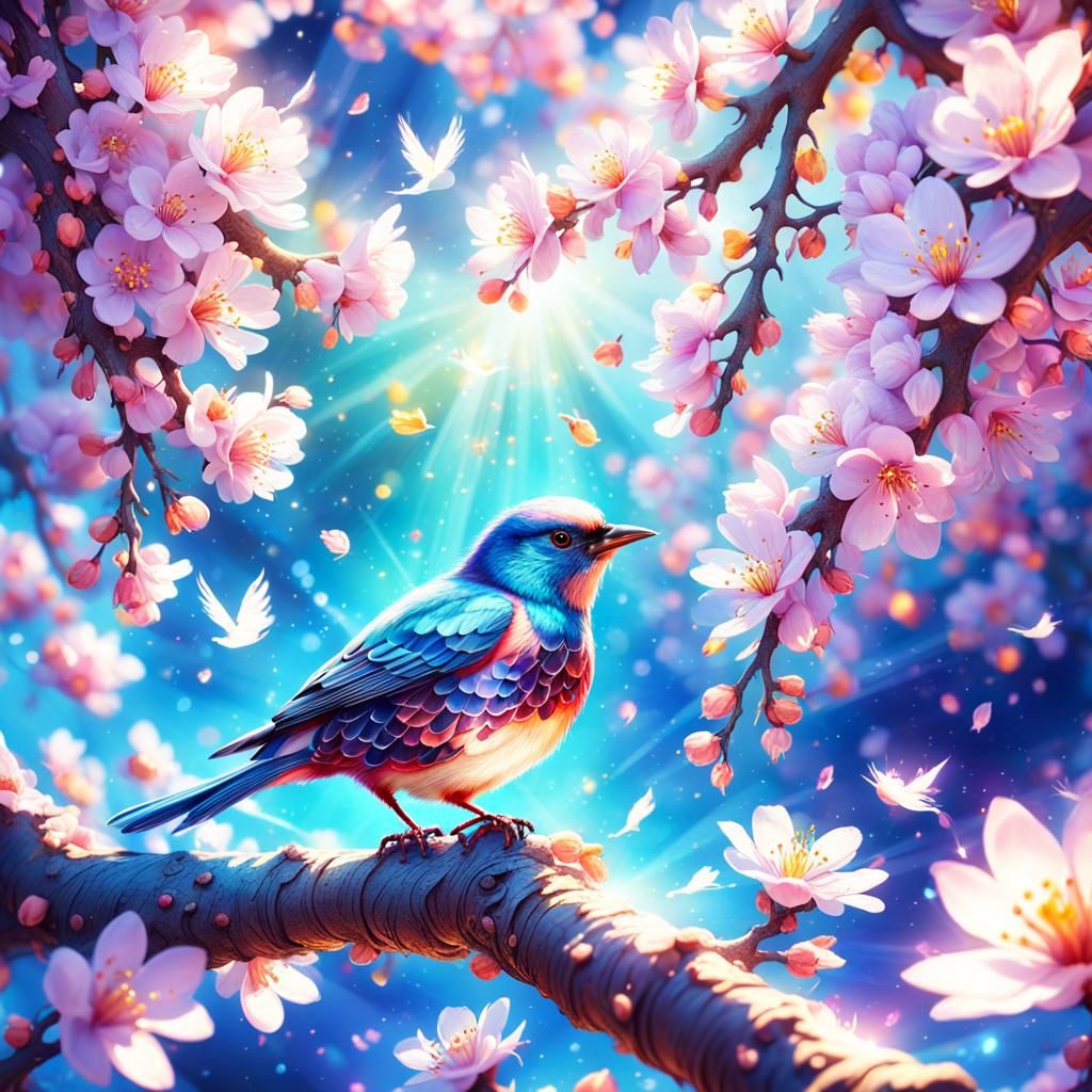 Magical Bird on Blooming Branch: Fantasy Illustration