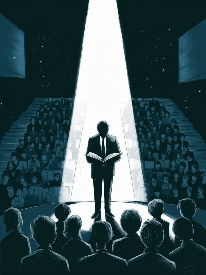 Figure Under Bright Light in Darkened Auditorium