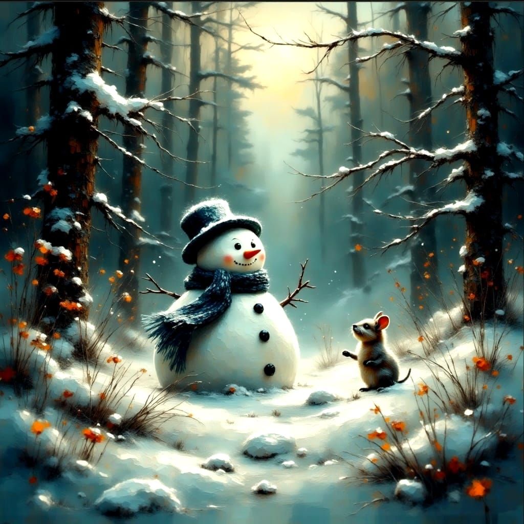Medium shot. <lora:Impasto-Grunge:1.0> Snowman amongst fores...