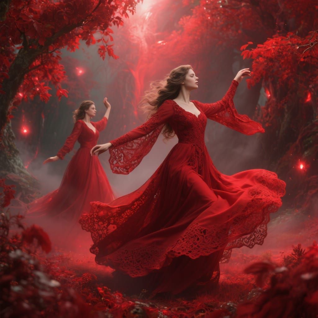Mystical Red Dress Dance: 3D Ultrarealistic Fantasy