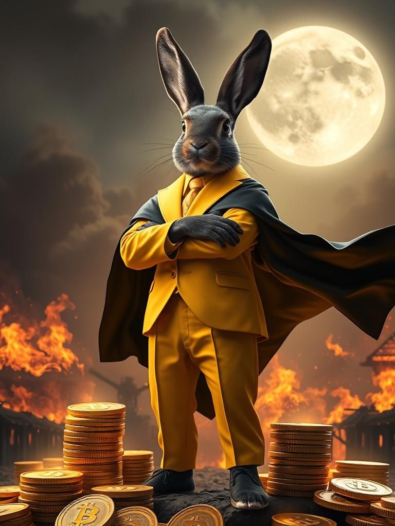 Heroic Black Rabbit in Golden Suit with Crypto