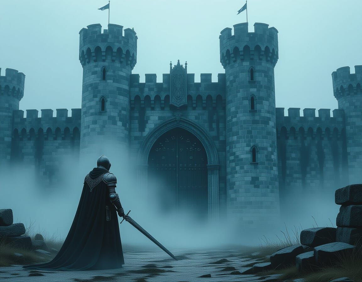Lone Knight Before Gothic Castle Gate in Mist