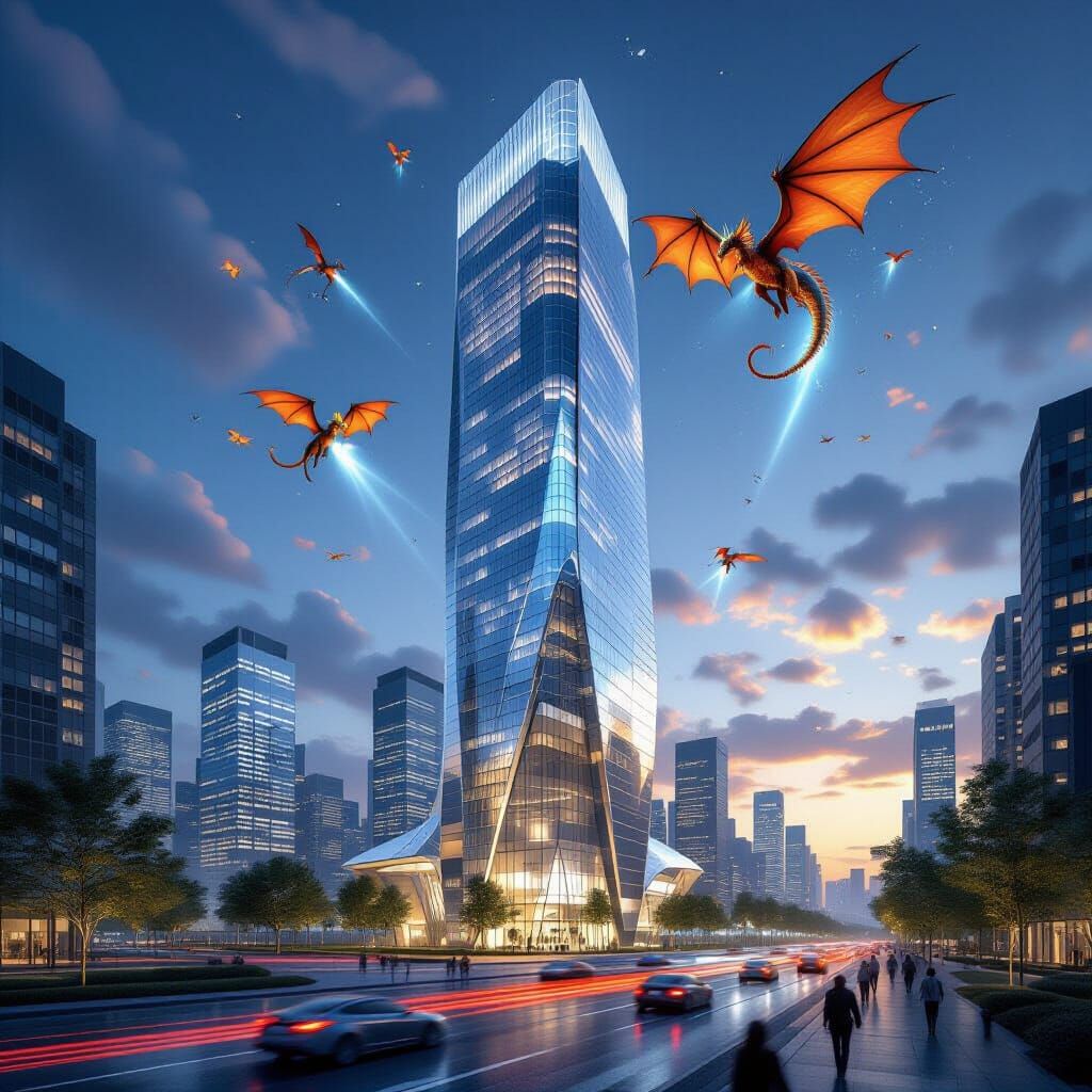 Cyberpunk Cityscape with Flying Dragons and Neon Lights