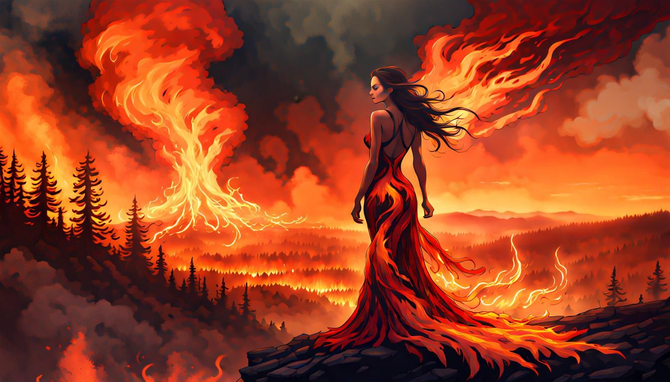 Woman in Fiery Dress Amidst Wildfire Devastation