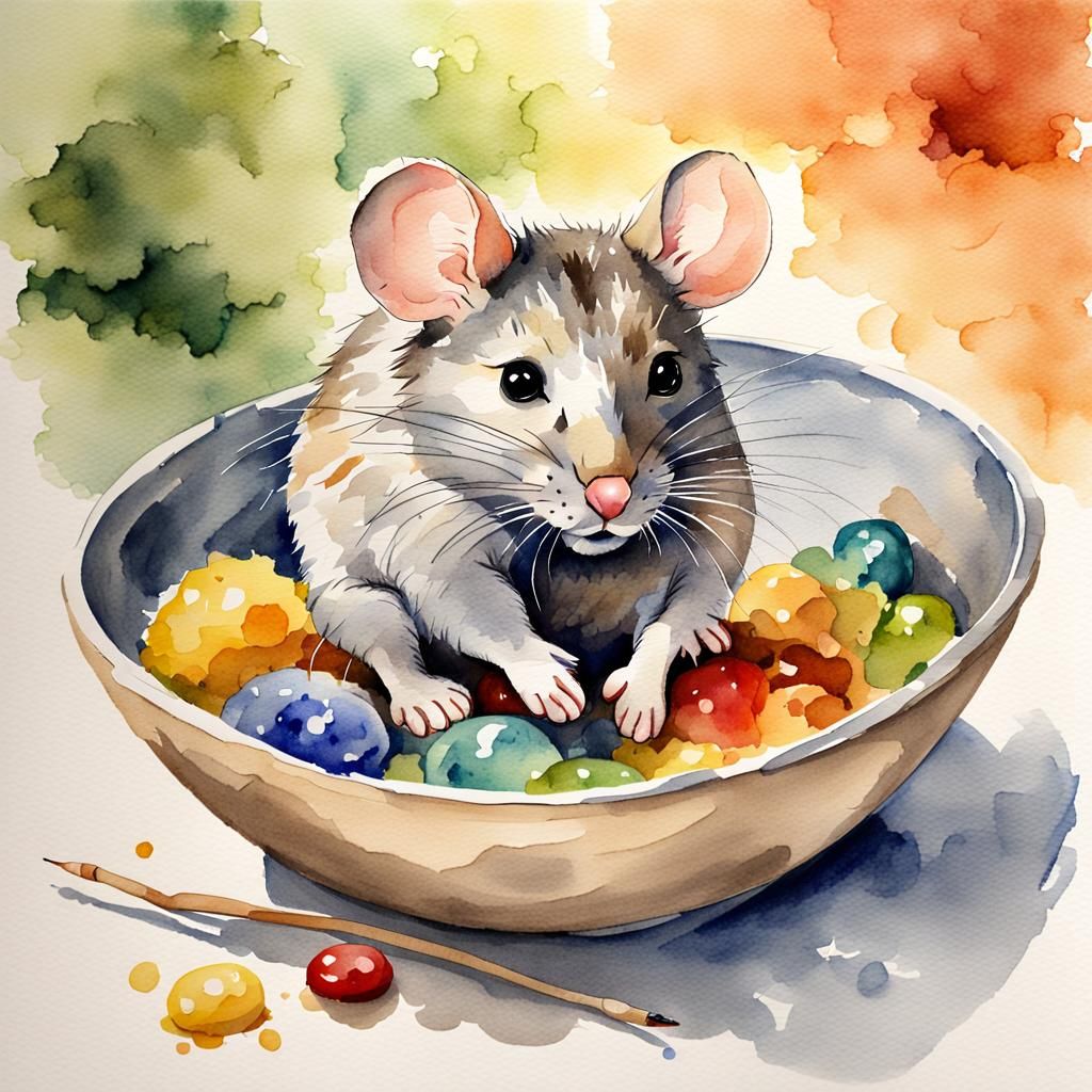 Woolly Mouse in a Bowl, Watercolour Art