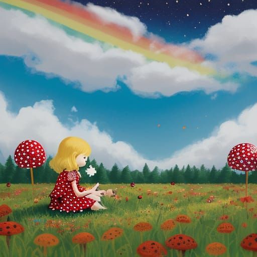 Surreal Polka Dot Scene with Girl and Ladybug