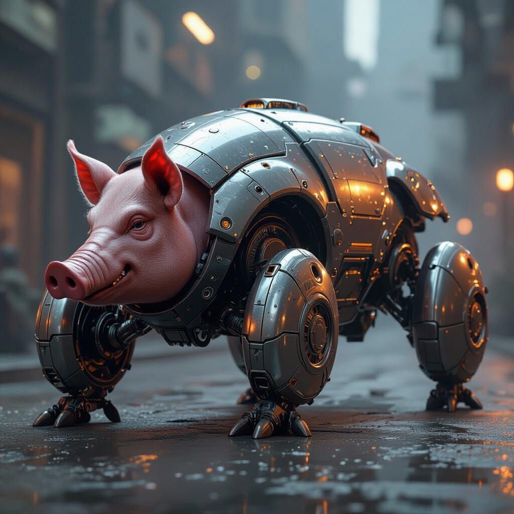 Smoking Pig in Metallic Exosuit, Sci-Fi Style