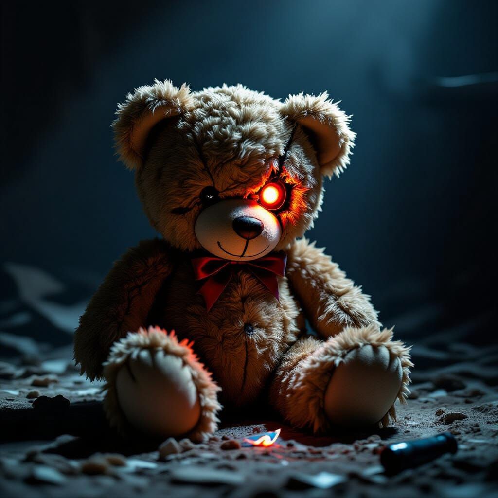 Sinister Teddy Bear with LED Eye in Abandoned Nursery