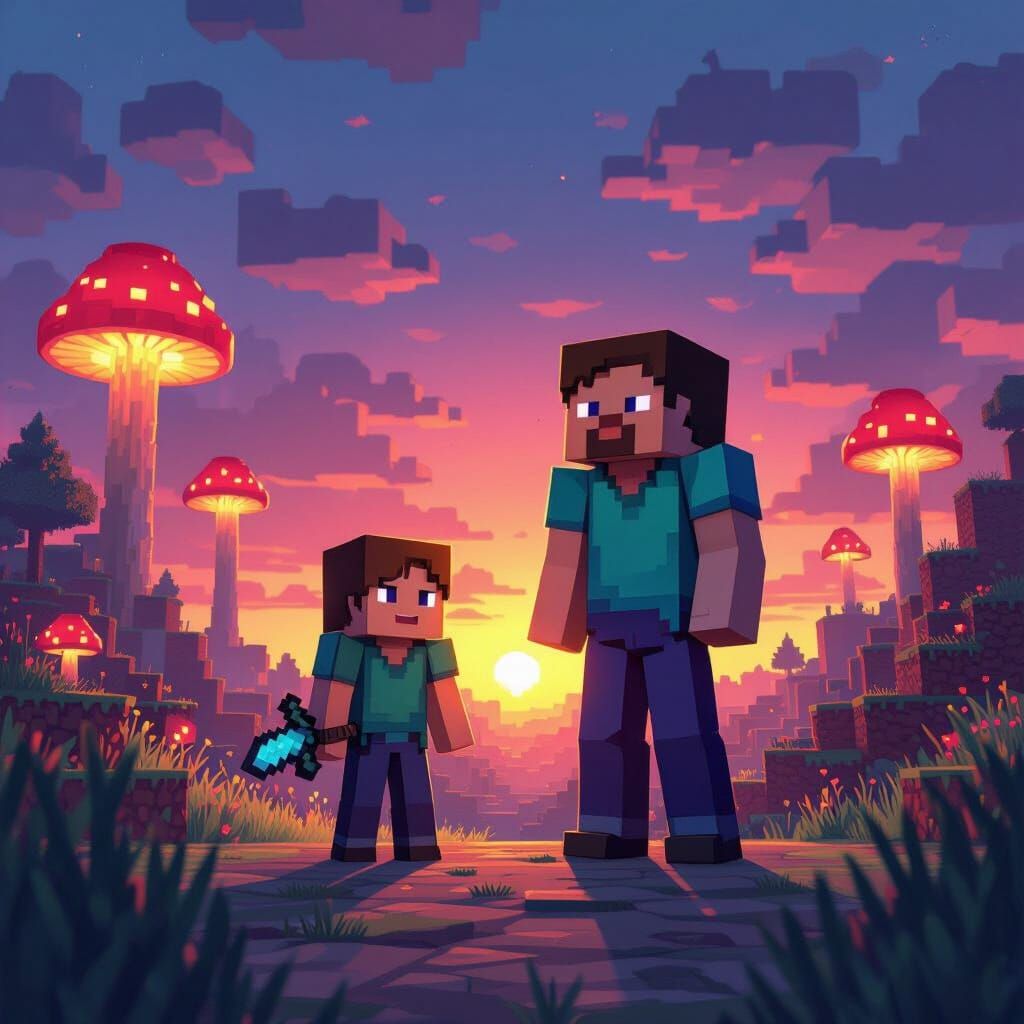 Herobrine and Steve in Mystical Minecraft Landscape