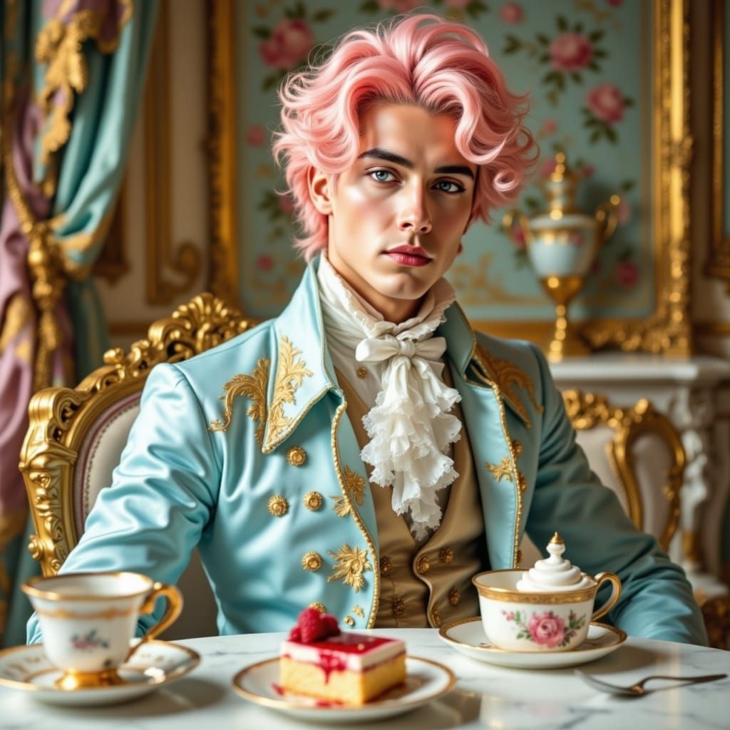 Elegant Aristocrat Savoring Tea in Rococo Palace