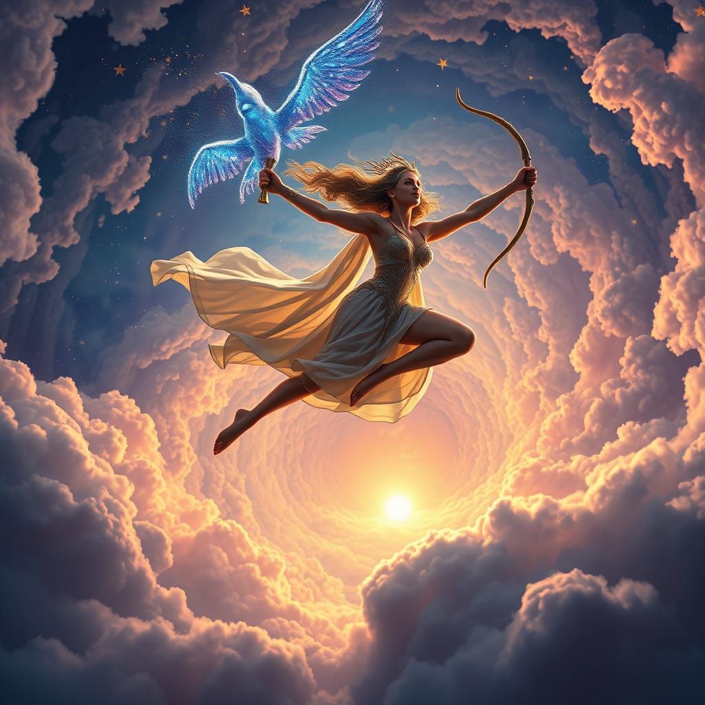 Goddess Artemis Leaping Through Celestial Clouds in Unreal E...