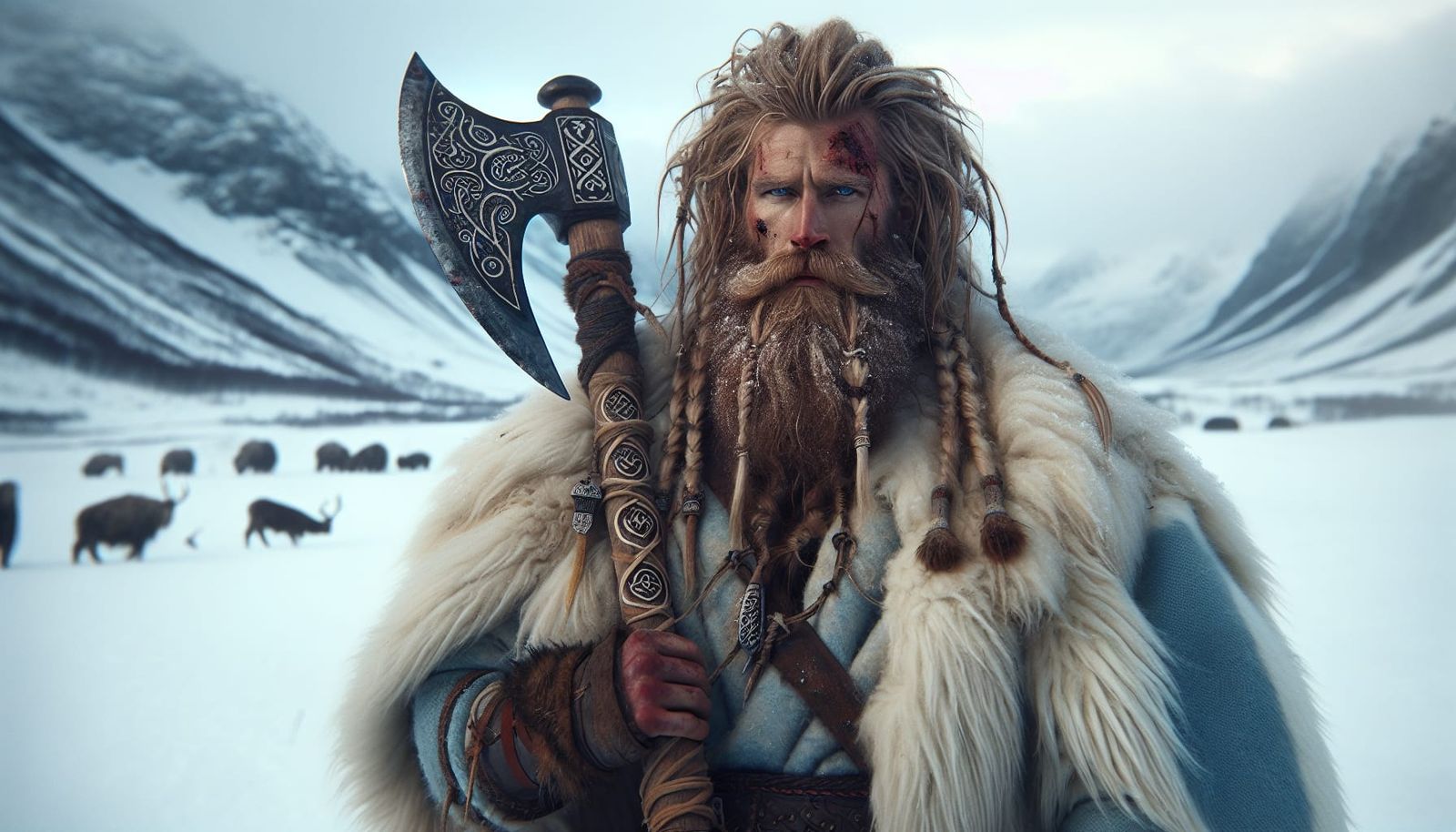Viking Warrior with Axe in Snowy Mountains